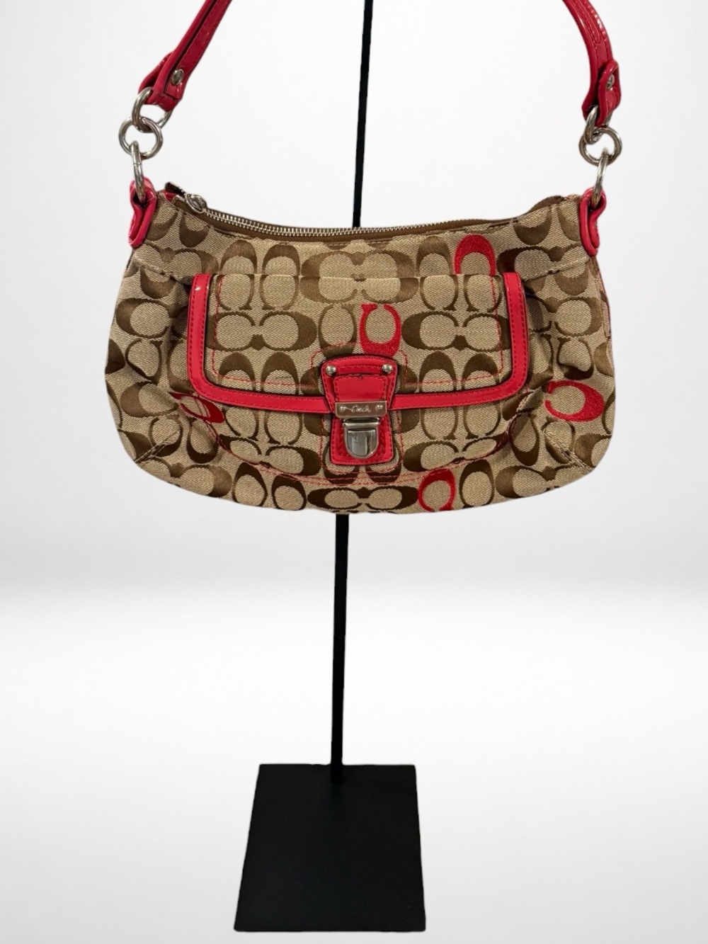 COACH Soho 2 Way Signature Canvas Shoulder Bag Khaki Pink Patent Leather 21623 - Picture 1 of 14